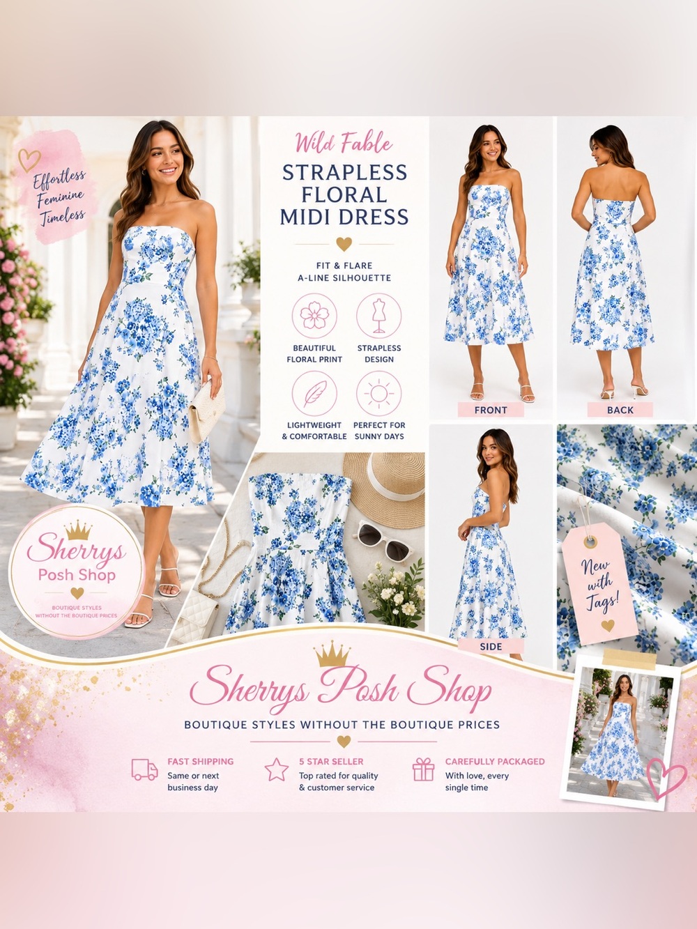 NWT Wild Fable Strapless Floral Midi Dress Small Blue White A Line Summer $40